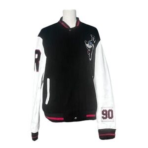 Robert Phillipe Varsity Jacket Black/White Faux Leather Sleeves Graphic Back SzL